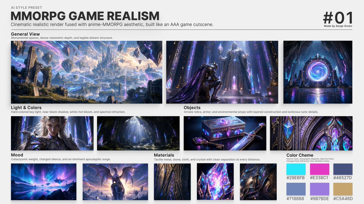 MMORPG 游戏写实风格预设 用于生成一致的图像。与 Seedance 2.5 配合效果极佳,尤其适合长视频。 ▾ 下方为提示词与示例。请收藏此页 我手动制作,样式表内的每张图…