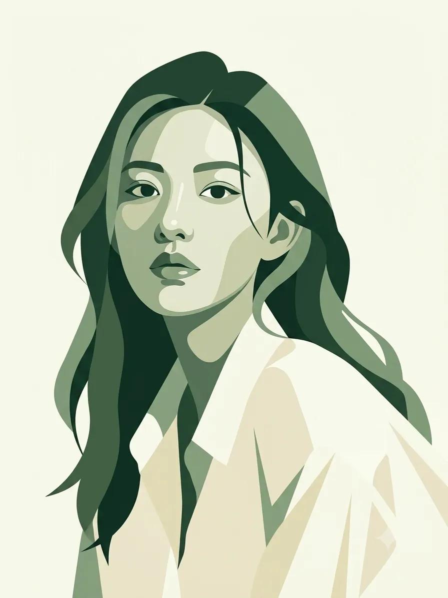 高端现代艺术杂志封面风格的插画。请将上传的肖像作为你唯一的参考。 极简现代的数字艺术风格。 使用森林绿、鼠尾草绿、苔藓绿和米色作为核心配色。 大量运用负空间和留白设计。柔和的自然…