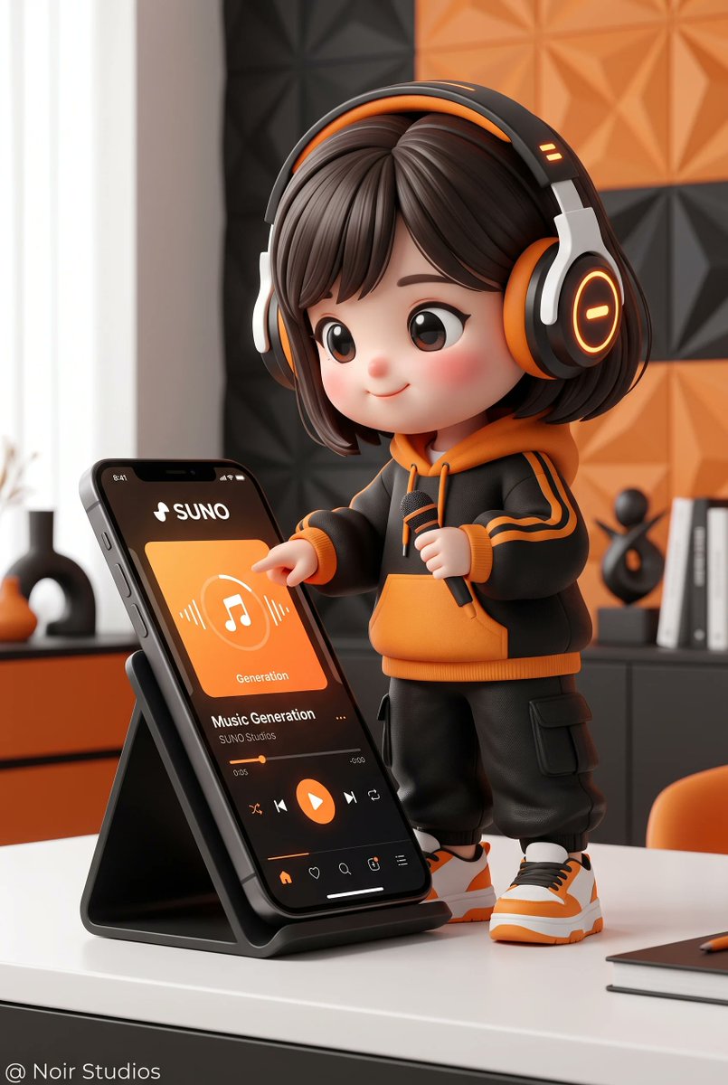 创建一个非常可爱的3D渲染的Q版（chibi）角色形象，他/她拥有可爱的特征，戴着超大耳机，穿着黑色和橙色的街头风格服装，脚踩白色运动鞋，并且她站[…] 使用 @lovimg_c…