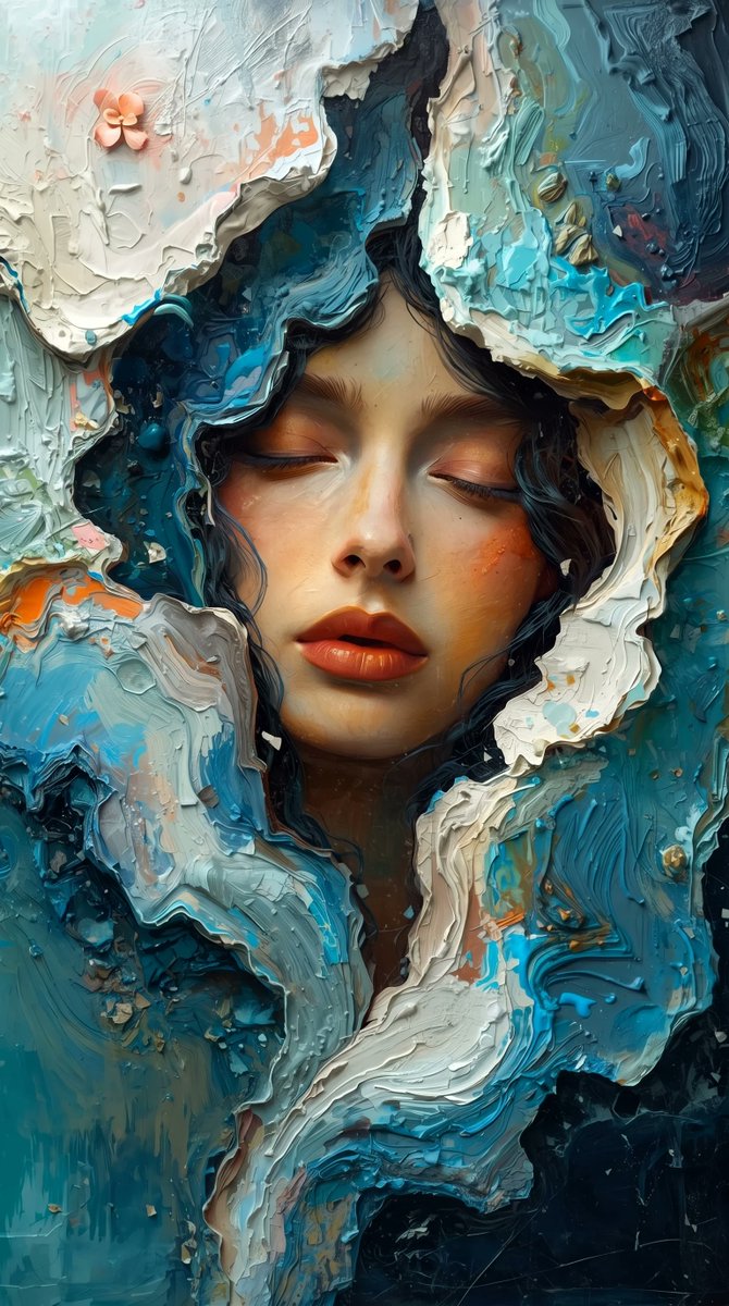 一幅宁静的女性肖像,神情平静、空灵,从一片混乱的立体厚涂(impasto)风景中无缝浮现。她的肌肤呈现出逼真的瓷质般质感…… 由 @lovimg_com 创作 https://t…