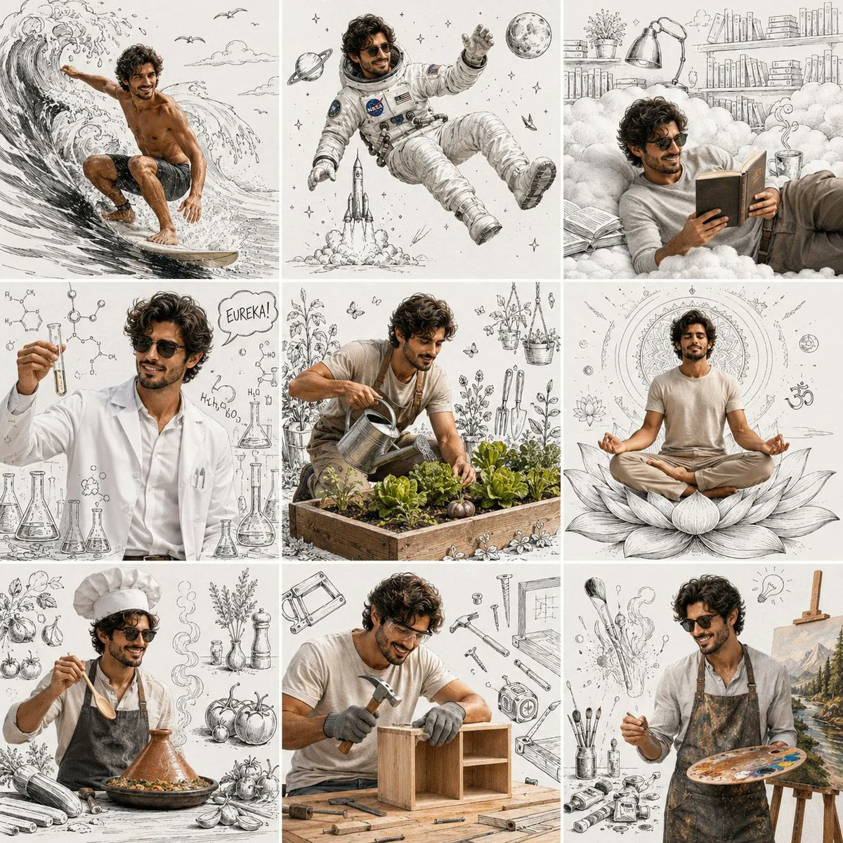 创作一张超写实的3×3编辑级生活方式拼贴画,以同一成熟男性(已上传照片)为主角,将其置于九个不同的想象职业、爱好与梦想场景中。 … Created with @lovimg_co…