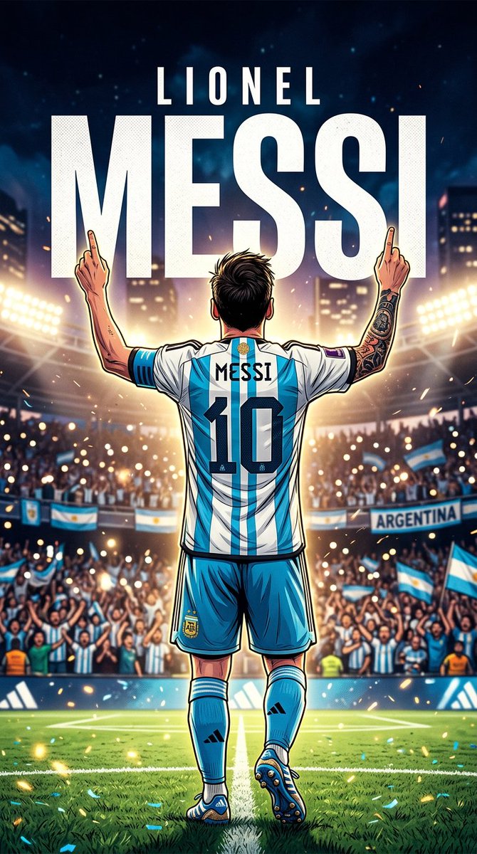 梅西(Lionel Messi) 在 @ImagineArt_X 上使用 Nano banana 2 提示词 👇 超精细数字体育艺术作品,一位传奇足球运动员的后视图,夜晚站立于座…