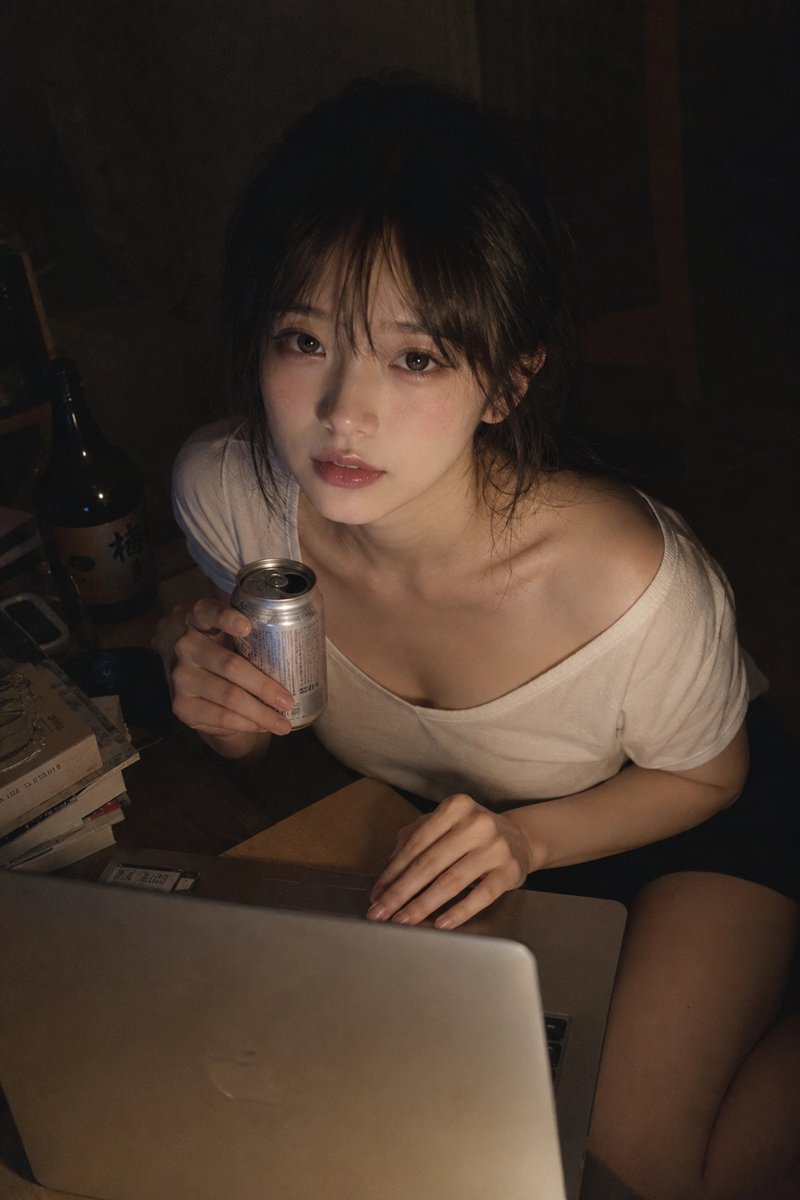 { "subject": { "description": "一位20多岁的女性,坐在昏暗私密房间内一张矮桌旁,身体微微前倾靠近笔记本电脑,并像一张未经计划的深夜手机抓拍照一样抬…