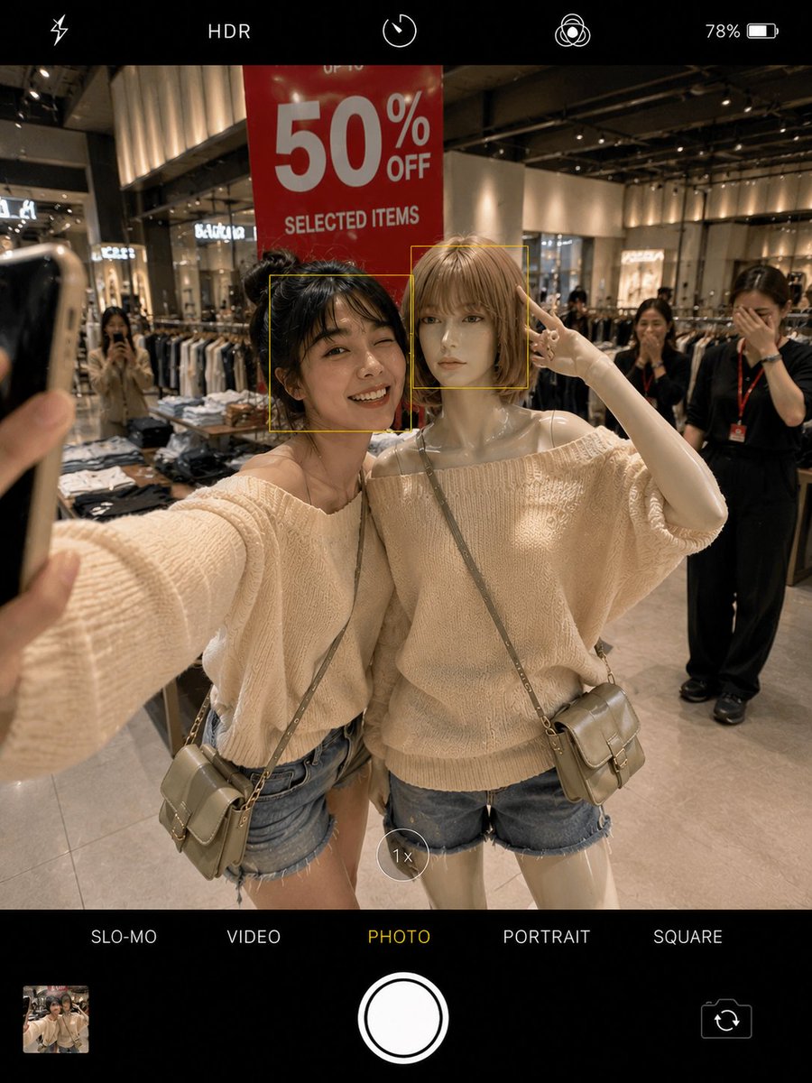 https://t.co/8ieQkdNSWd 一位美丽年轻女性的电影感智能手机自拍，穿着超大号奶油色露肩针织毛衣、牛仔短裤、白色运动鞋、小号斜挎包，并化着柔和的韩系魅力妆容。场…