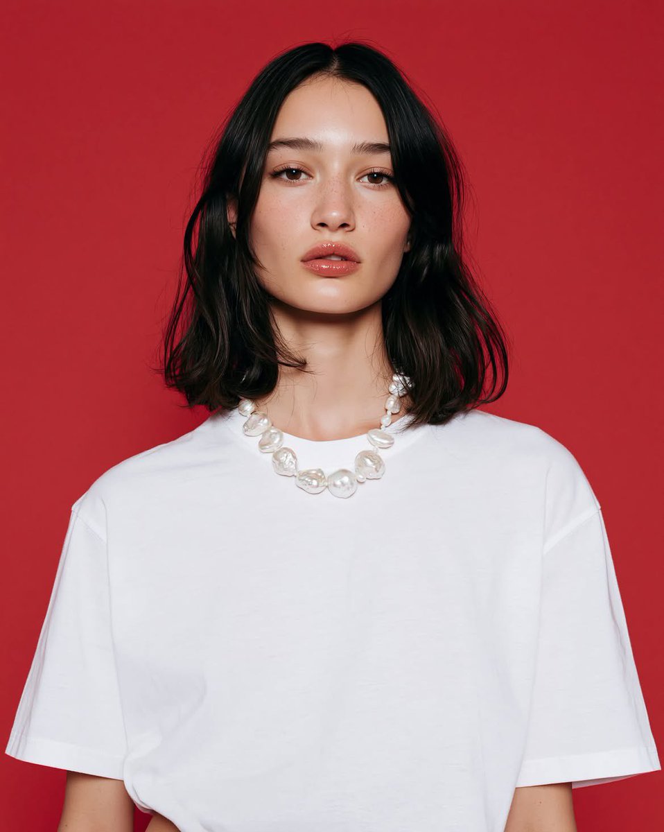 超写实的奢华美妆时尚人像:一位年轻女性,齐肩深棕色波浪卷发,无瑕瓷器肌散发着自然的水润光泽,淡雅中性妆容,水润裸色唇妆,眼神精致有神,浓密自然的眉毛,身着宽松纯白色圆领T恤,佩戴…