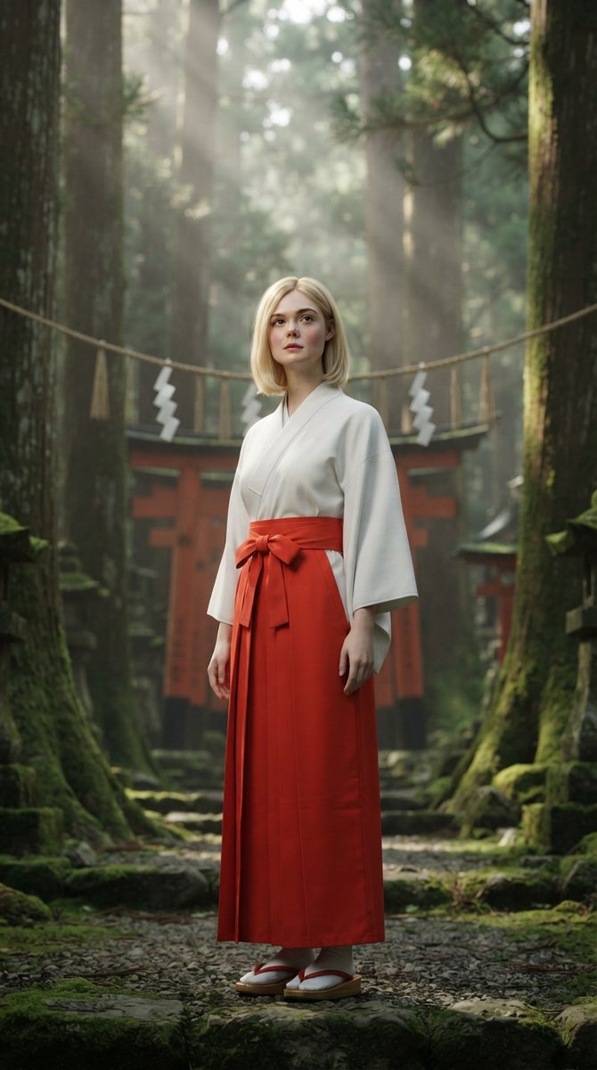 极致写实的全身人像肖像:一位美丽的日本神社巫女(Miko),平静地伫立在一座古老的神社之中,四周环绕着高耸的雪松树和红色的鸟居。她身穿洁白无瑕的小袖,搭配鲜艳…