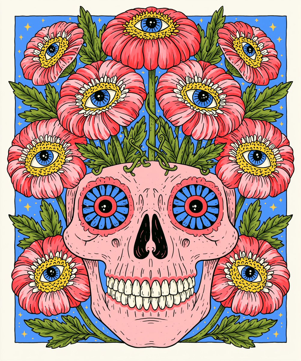 手绘风格的可爱骷髅头插画，纤细的藤蔓从头骨顶部生长出来，盛开成一朵朵带有生动表情眼睛的奇趣花朵，纯净白色背景，简洁居中构图，柔和的粉彩色调，纤细随性的素描线条，迷人而略带诡异却充…