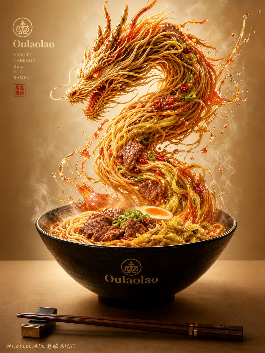 碗上方分离的龙，通用奇幻龙，西方龙解剖结构，杂乱的道具，拥挤的餐桌，廉价的方便面广告，塑料感的汤，断裂的面条，过多的背景元素，低细节的食材，卡通食物，薄弱的品牌感，一次性筷子的外…