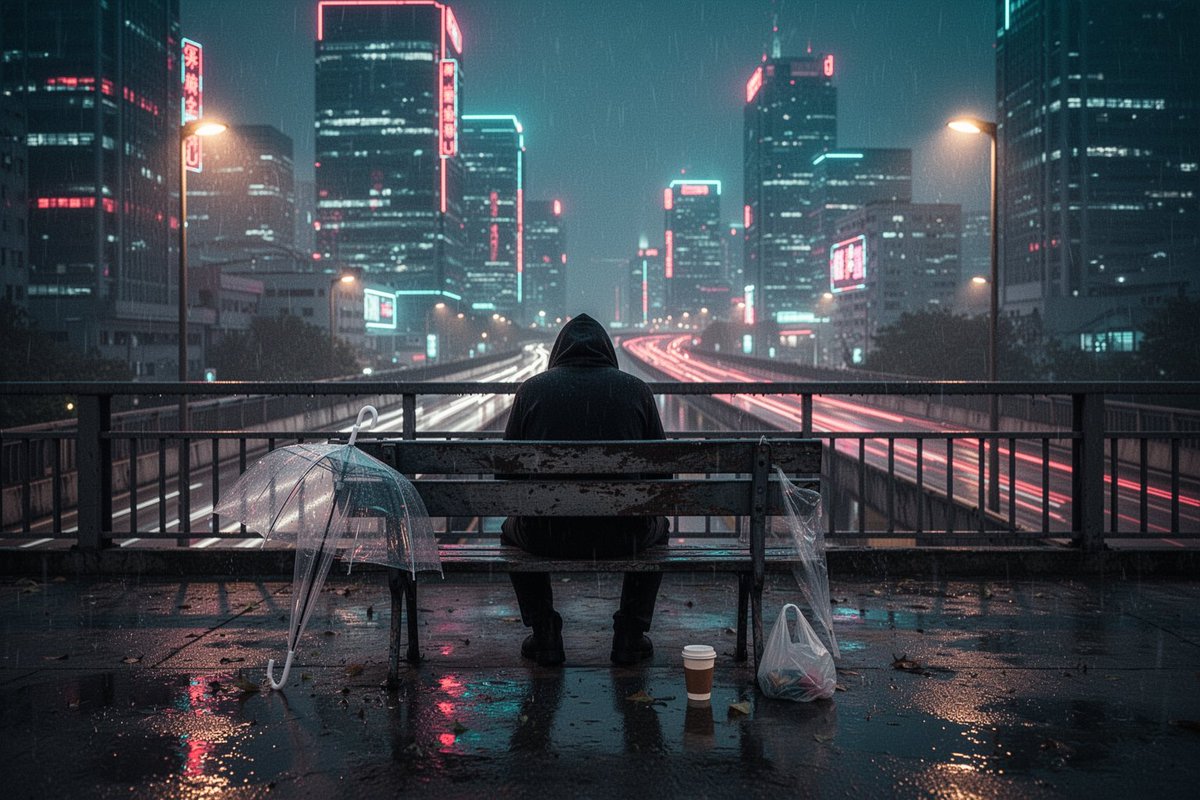 让孤独感真正出彩的是构图 —— 脸转向一侧，城市被抛到焦外，所以那些细节全都活在湿漉漉的地面倒影里。我用家里的 5090 跑同样的节奏，大概每帧 70 秒。提…