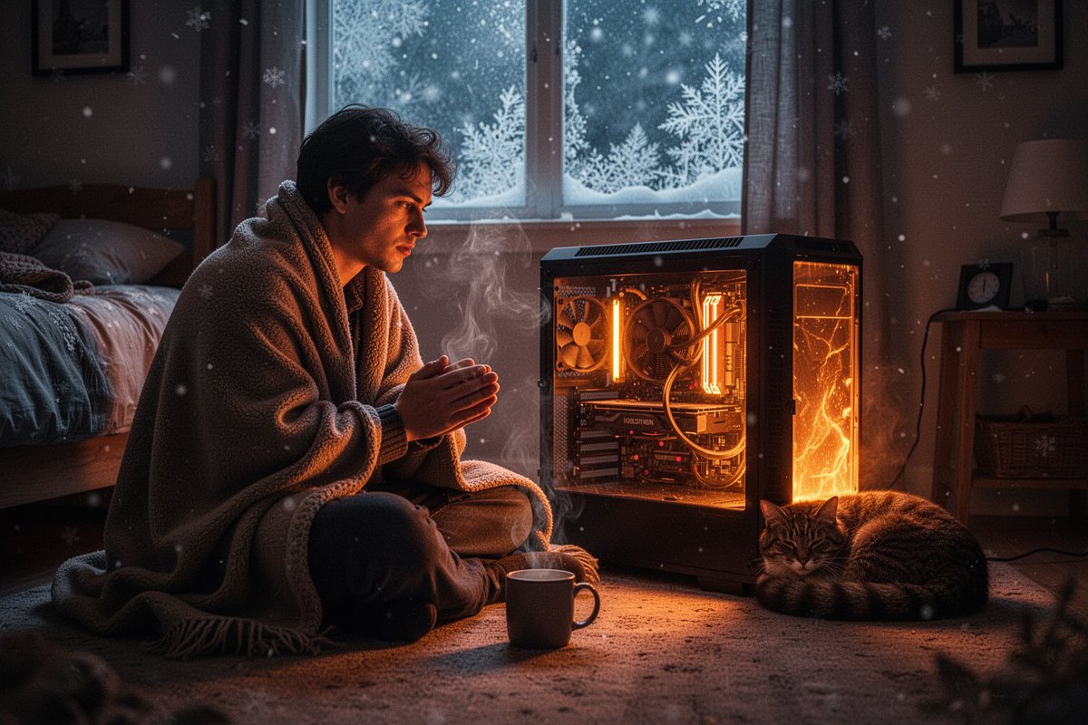 夜晚一间舒适的冬日卧室，一个人裹着毯子坐在地板上，在一台发光的台式电脑主机前烤手，仿佛它是一座壁炉；显卡排风口散发着如炉膛余烬般温暖的橙色光芒，热气从散热孔中袅袅升起，身后的窗户…