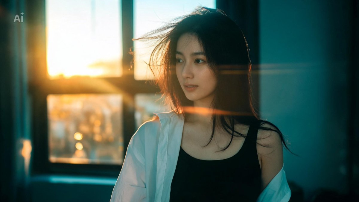 一位美丽的年轻日本女性，自然而不费力的美感，肌肤柔软发光，身着紧身黑色背心，外搭一件宽松的冷白色衬衫（敞开穿着），随性时髦的造型。电影级影院画面，变形镜头光斑…