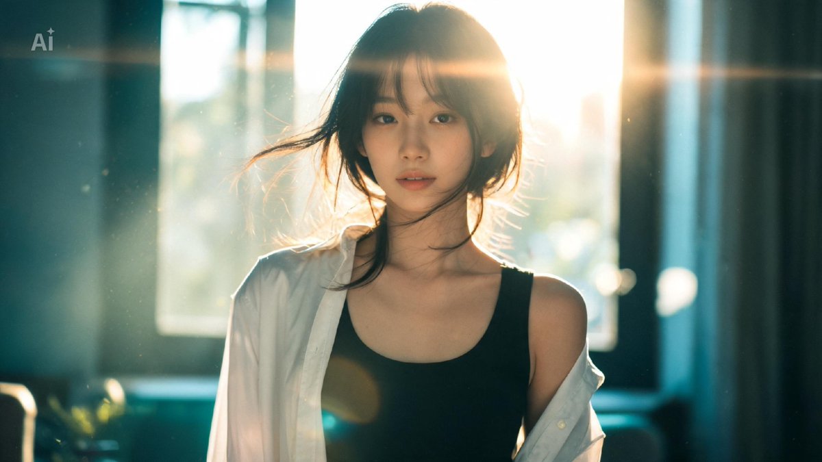 一位美丽的年轻日本女性，自然而不费力的美感，肌肤柔软发光，身着紧身黑色背心，外搭一件宽松的冷白色衬衫（敞开穿着），随性时髦的造型。电影级影院画面，变形镜头光斑，浅景深配奶油般虚化…