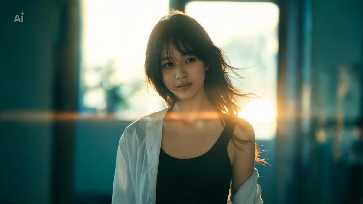 一位美丽的年轻日本女性，自然而不费力的美感，肌肤柔软发光，身着紧身黑色背心，外搭一件宽松的冷白色衬衫（敞开穿着），随性时髦的造型。电影级影院画面，变形镜头光斑，浅景深配奶油般虚化…