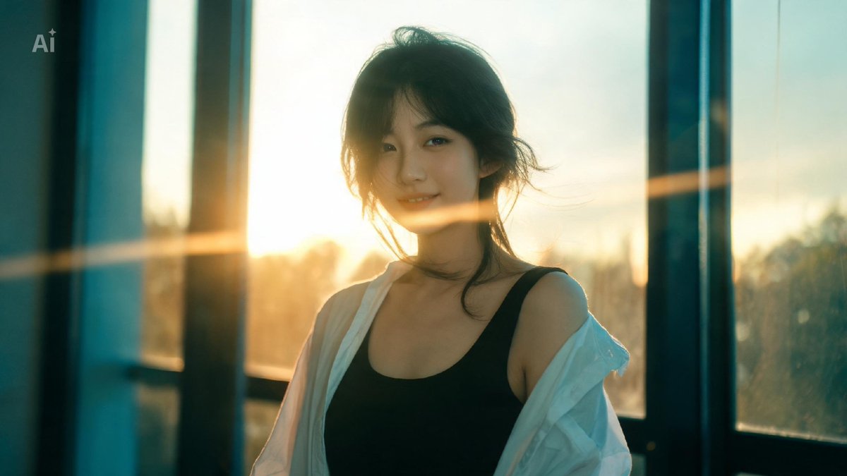 一位美丽的年轻日本女性，自然而不费力的美感，肌肤柔软发光，身着紧身黑色背心，外搭一件宽松的冷白色衬衫（敞开穿着），随性时髦的造型。电影级影院画面，变形镜头光斑，浅景深配奶油般虚化…