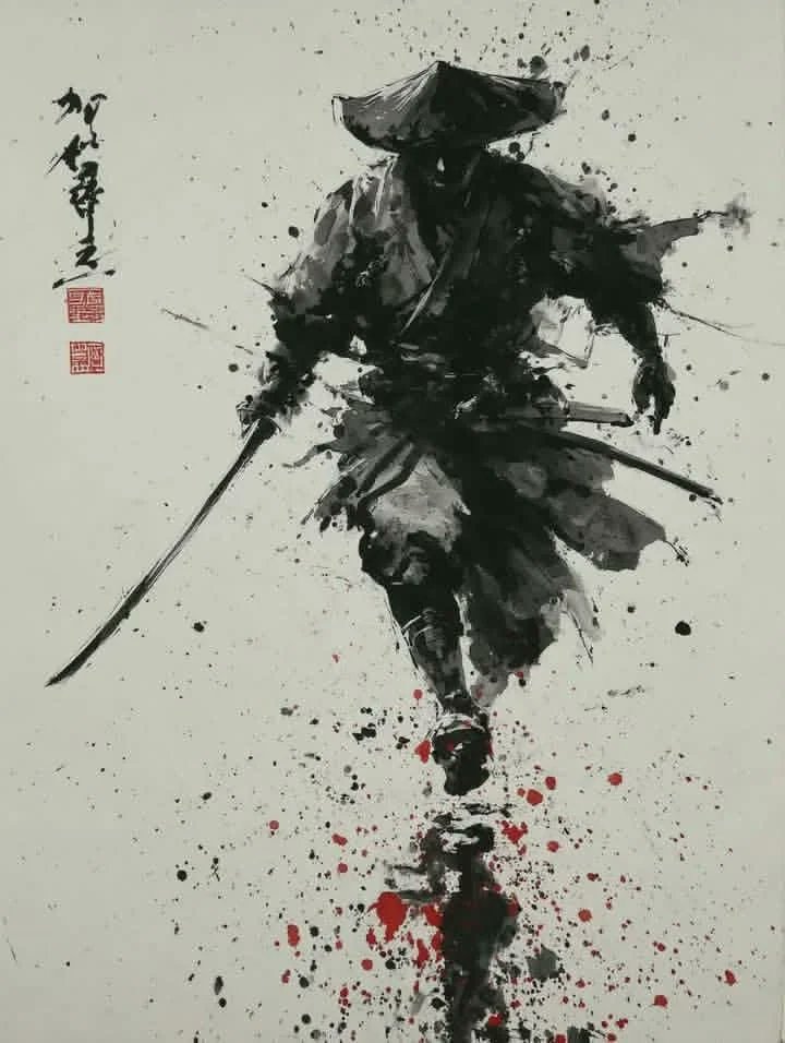 一位独行的武士 / 浪人武者，以传统日本水墨画 (sumi-e) 风格描绘，全身动态姿势，面部大半隐于阴影之中，身着飘逸的长袍，头戴草帽 / 顶髻发型，腰佩武士刀 (katana…