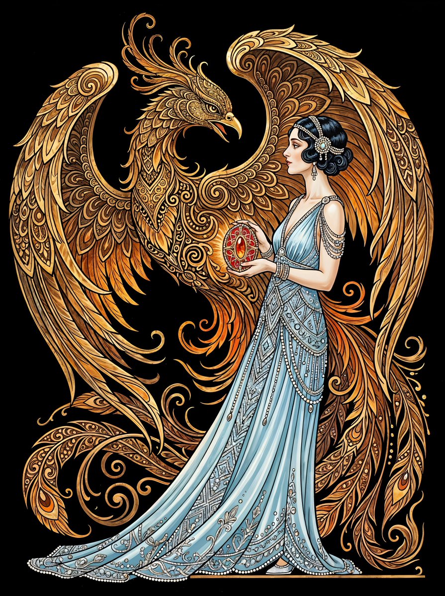 一位身穿飘逸的浅蓝色串珠装饰艺术风格 (Art Deco) 长裙的女子站在黑色背景前。她双手捧着一个红色的椭圆形物体。在她身后,描绘着一只大型风格化的凤凰,拥有金色和棕色的翅膀及…