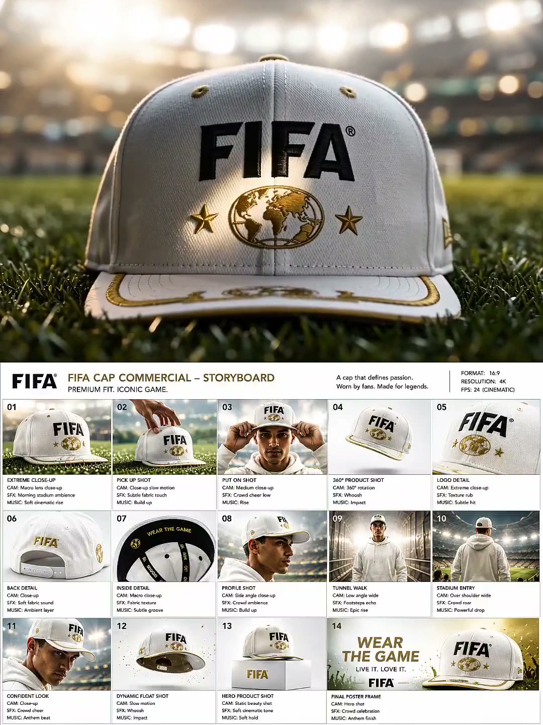 为一个 FIFA 品牌帽子的广告片创建一个 14 格的电影分镜脚本，其中包含高端产品特写、体育场球员通道场景、360° 产品旋转镜头、生活方式场景，以及一张最…