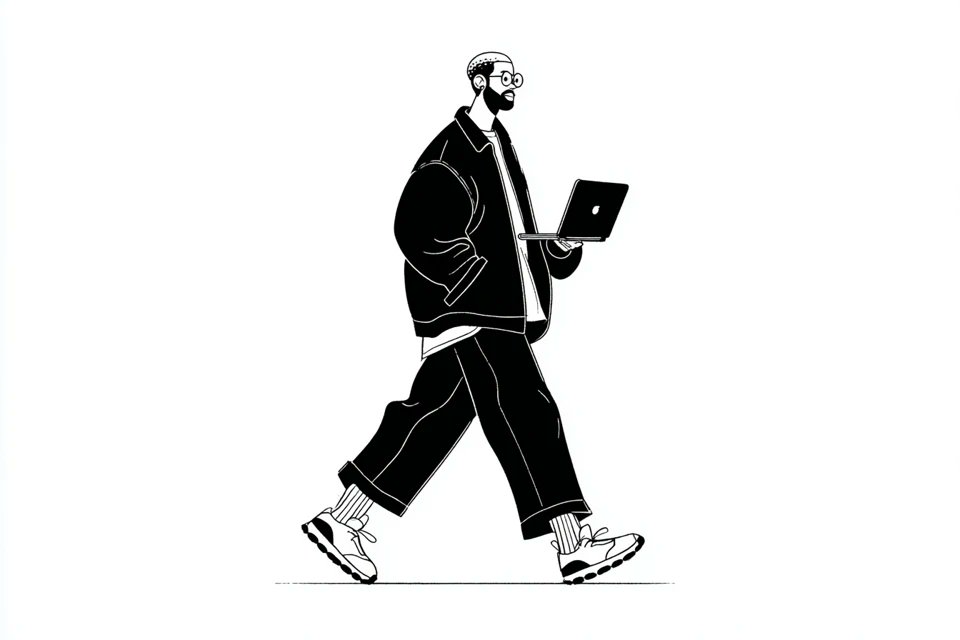 一幅简单的黑白插画，画面中是一个[主体]，穿着[服装]，正在[做动作]，表情为[面部表情]，整体采用 Notion 风格的极简编辑美学，干净的线条艺术，扁平单色设计，简单的形状…
