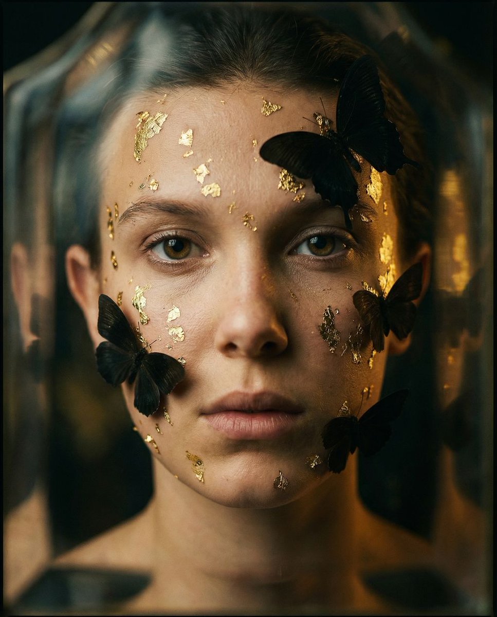 { "vibe_title_en": "鎏金尘埃忧郁", "master_prompt": "一张超写实的特写肖像,主角(The Protagonist)置身于光线昏暗、氛围浓郁…
