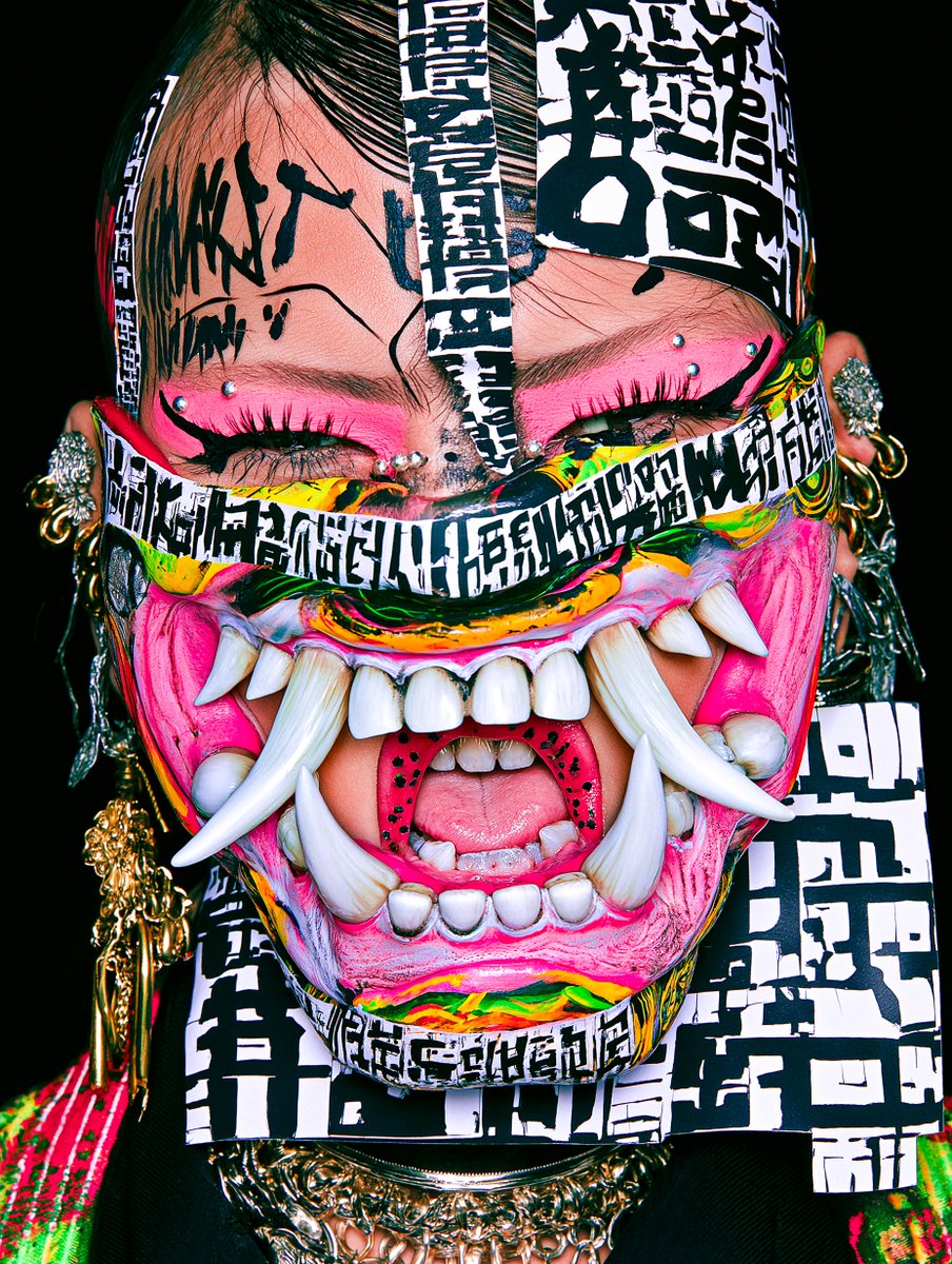 错综复杂的漫画 [宏观时尚恐怖肖像]，[从下方仰视的高张力角度]，RitualSnarl：愤怒刻于墨迹与獠牙之中。OniEcho：书法吞噬皮肉，怒火以文字永存…