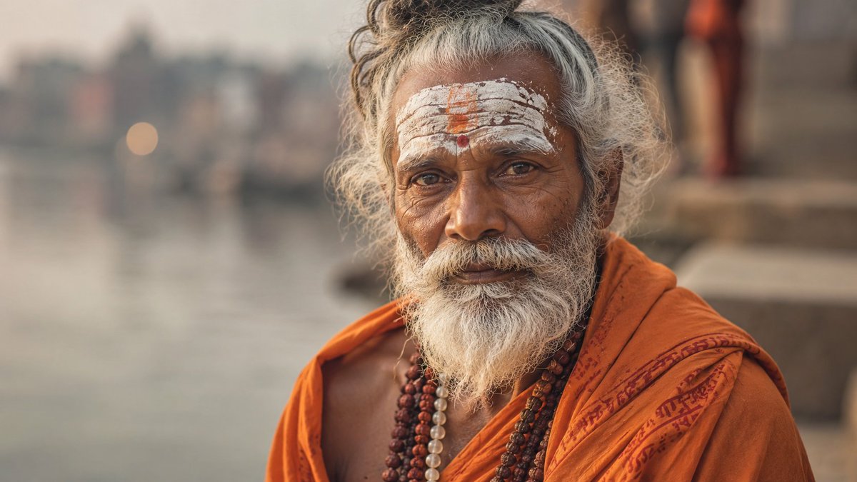 一位年迈的印度苦行僧（Sadhu）男士肖像。真实人类的细致自然外观皮肤与质感，清晰的毛孔、雀斑、细纹、轻微瑕疵、淡淡的痤疮和痘印、疤痕、毛孔级细节、皮肤纹理、…