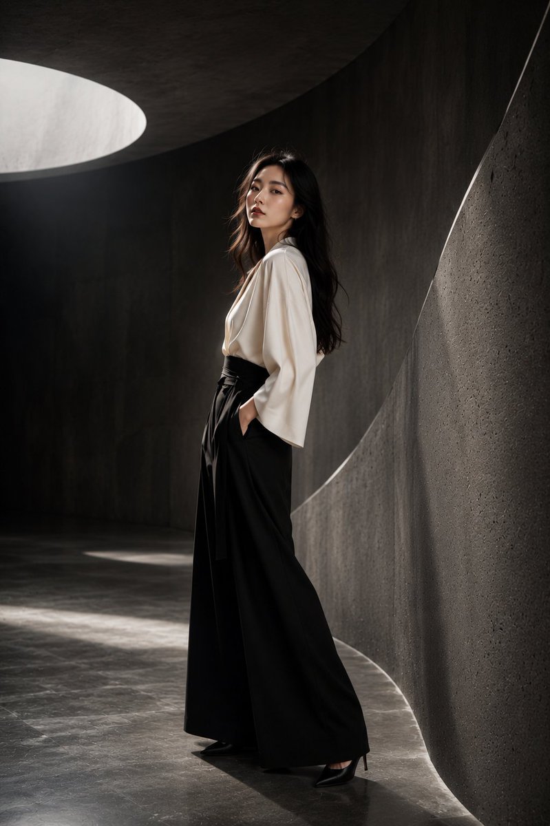 一位令人惊艳的年轻日本女性，置身于高端时尚摄影棚的拍摄中，优雅地站立在一座由大型弧形混凝土墙体、带有纹理的炭灰色表面以及柔和的几何阴影所构成的当代建筑风格摄影棚内。她身穿一套以深…