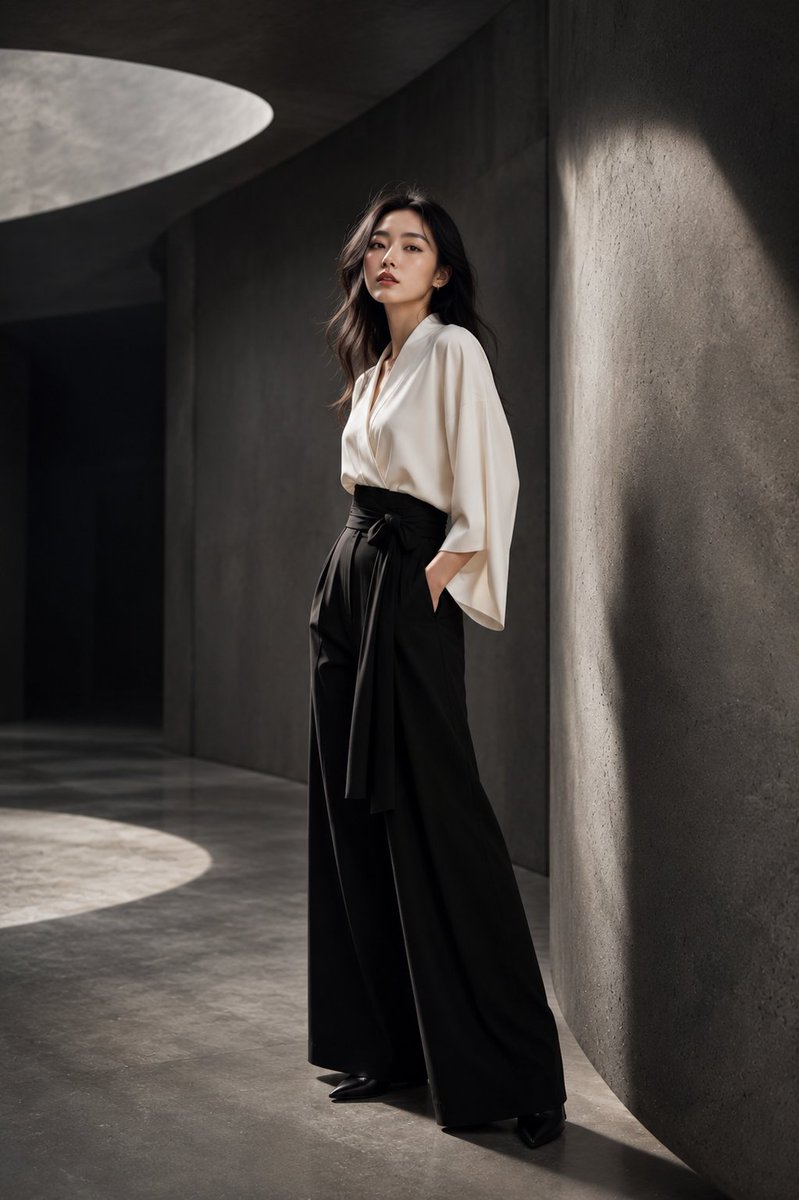 一位令人惊艳的年轻日本女性，置身于高端时尚摄影棚的拍摄中，优雅地站立在一座由大型弧形混凝土墙体、带有纹理的炭灰色表面以及柔和的几何阴影所构成的当代建筑风格摄影棚内。她身穿一套以深…