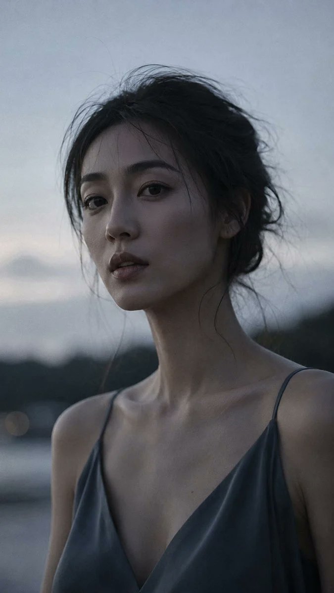 人像拍摄，85mm f/1.2 镜头特写，一位二十八九岁的日本女性，脖颈修长优雅，深色头发松散地向后梳去，面部轮廓分明，深陷的冷静双眼，目光投向中景远方，嘴巴微微张开，仿佛要说什…