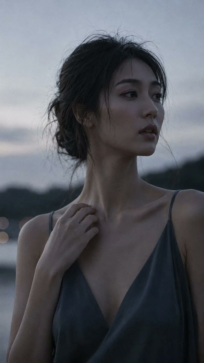 人像拍摄，85mm f/1.2 镜头特写，一位二十八九岁的日本女性，脖颈修长优雅，深色头发松散地向后梳去，面部轮廓分明，深陷的冷静双眼，目光投向中景远方，嘴巴微微张开，仿佛要说什…