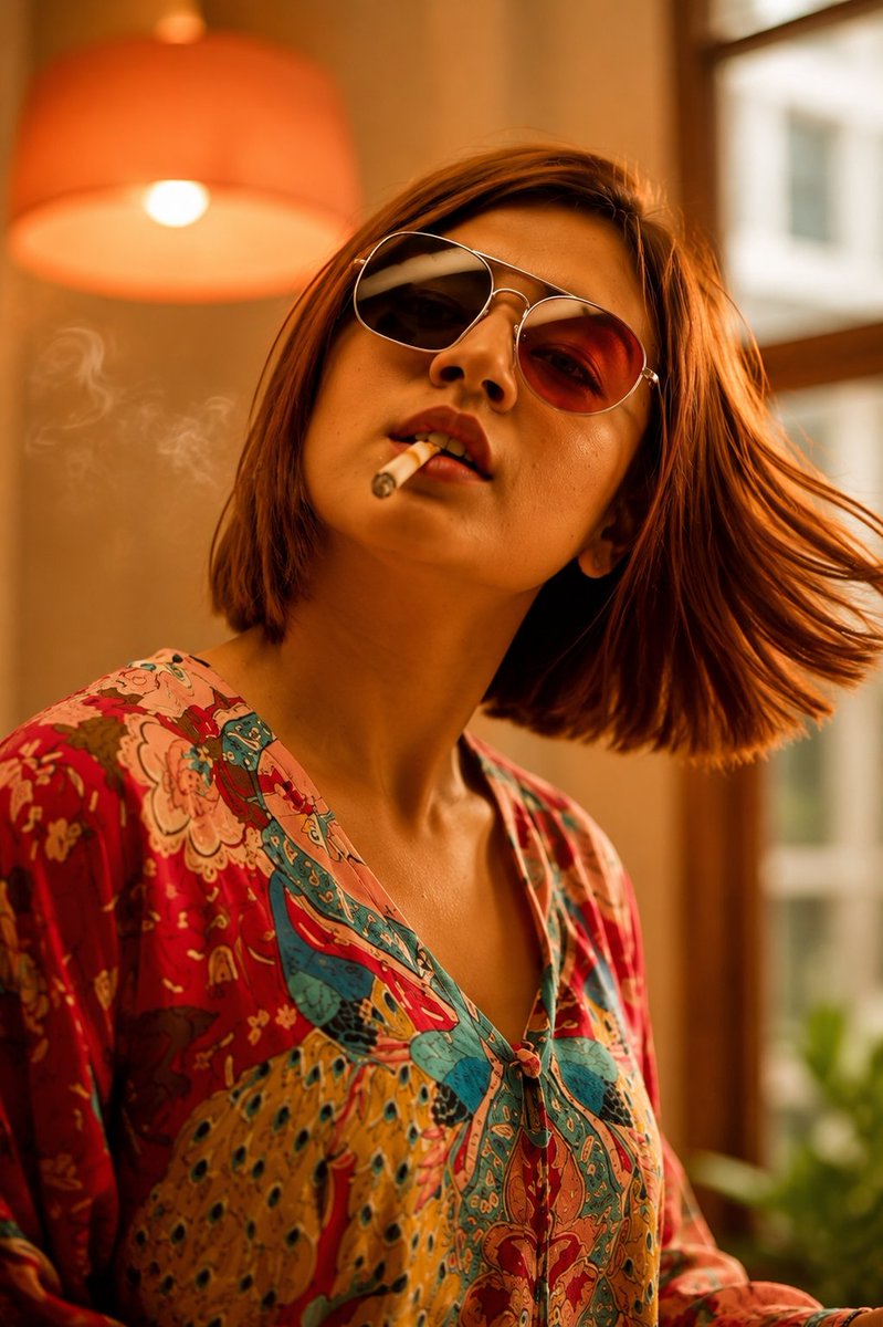 创意时尚大片构思，年轻女性身穿配套的风景印花衬衫与短裤套装，站在一处真实的鹅卵石村庄广场前，真实环境与她服装上的印花相互呼应，背景中真实的黄色开花树木与她服装…