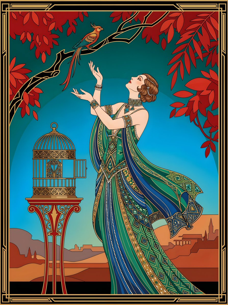 一幅装饰艺术风格(Art Deco)的插画描绘了一位身着飘逸华美长裙的女子,向上伸手去够一只栖息在树枝上的小鸟。女子头部后仰,双臂伸展,身上佩戴着珠宝首饰。在她的左侧,一个装饰性…