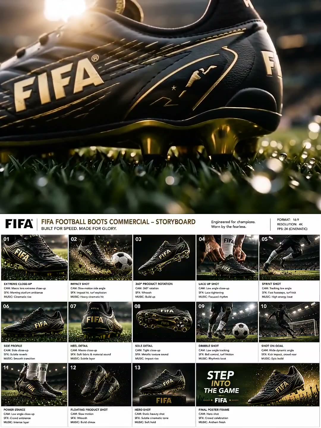 创作一段电影质感的 FIFA 足球战靴商业广告，采用高端产品特写、体育场场景动态、动感运动画面，以及大步踏入《Game》海报的画面，整体呈现照片级真实的编辑式…
