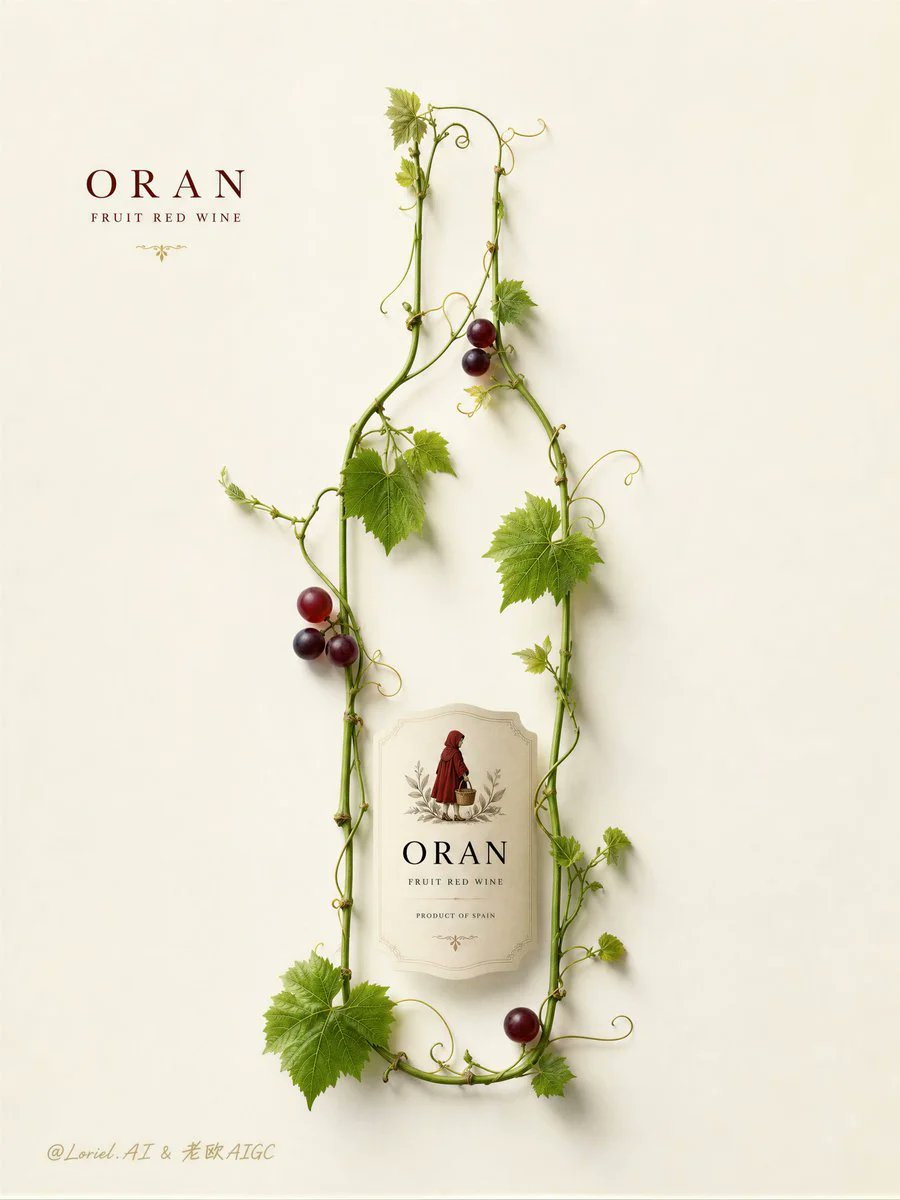 为 Oran 西班牙果香红葡萄酒创作一款极致极简的高端海报，灵感源自精致植物学的酒瓶轮廓构图。使用大面积纯净的白色或柔和的象牙白背景，留出充足的负空间。中心图像必须是由真实的葡萄…