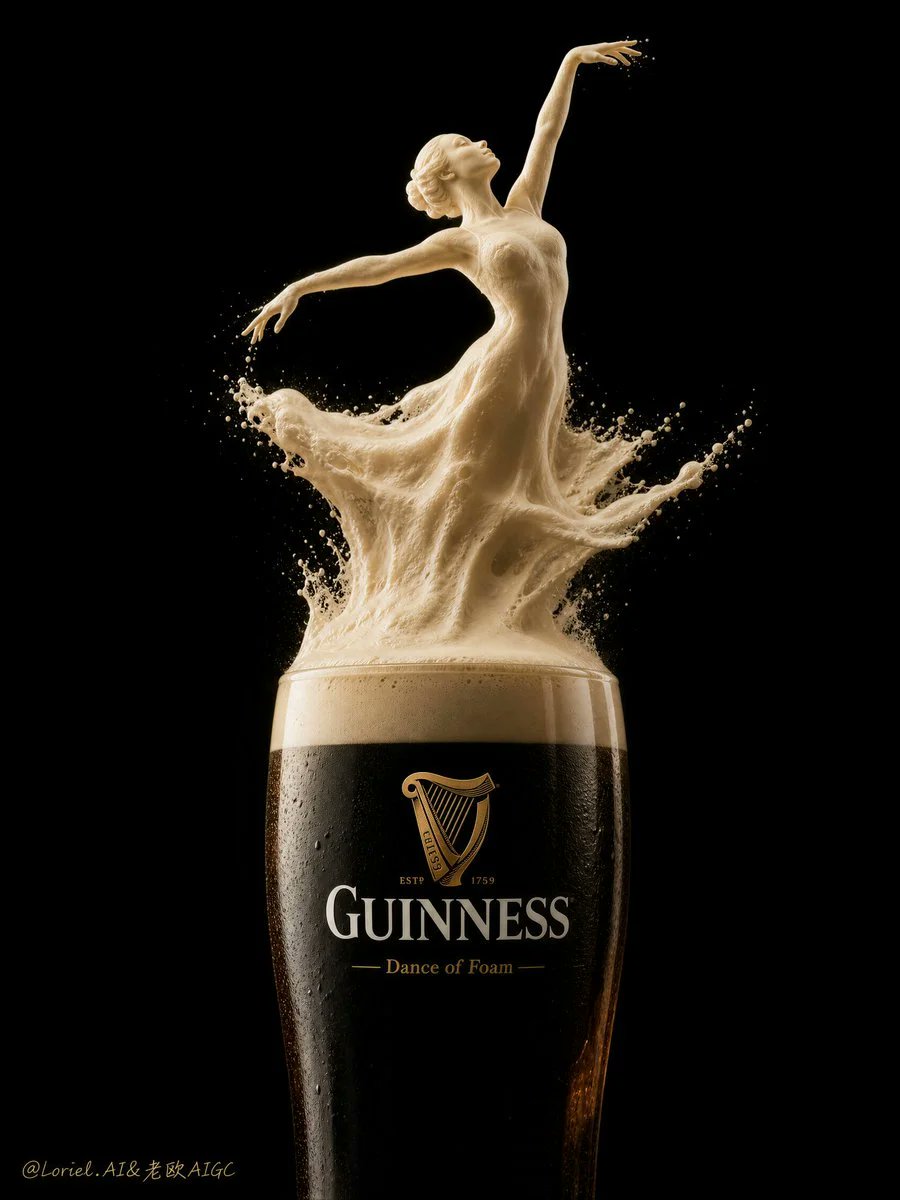 为健力士(Guinness)创作一张超高端广告海报,画面中有一杯超写实的深色世涛啤酒品脱杯,顶部奶油般的泡沫头优雅地化身为一个芭蕾舞女孩的造型。整张图像应呈现奢华、诗意且标志性的…