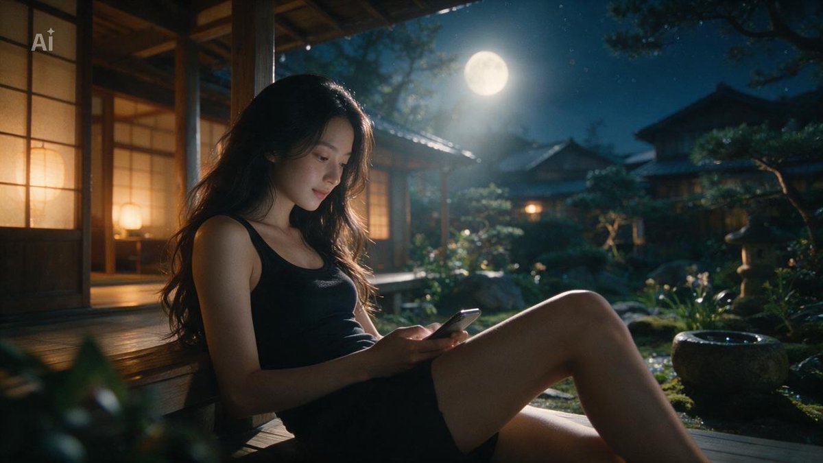 柔软波浪长卷深色长发,自然而不费力的美丽,肌肤柔和发光,面部特征与参考图完全一致。 一位美丽的年轻日本女性,留着柔软波浪长卷深色长发,身穿贴身黑色背心和休闲黑色短裤,姿态放松自然…