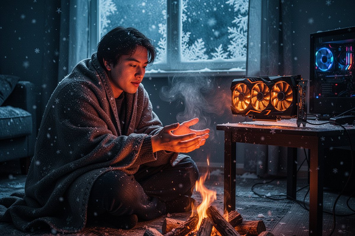 夜晚，在一间寒冷漆黑的公寓里，一个人坐在地板上裹着毯子，将伸出的双手伸向桌上的一张发光的消费级显卡借取温暖，如同围坐在篝火旁一般——这块三风扇的GPU没有品牌标志，正散发出温暖的…