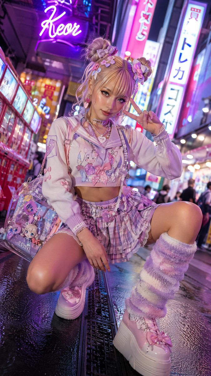 超写实时尚大片：在东京秋叶原地区拍摄的自信成年女性特写肖像，身着淡紫色、粉色和白色的高端原宿Decora和Fairy Kei时尚服饰。金色双丸子空间发髻搭配淡色高光，完美迷人妆容…