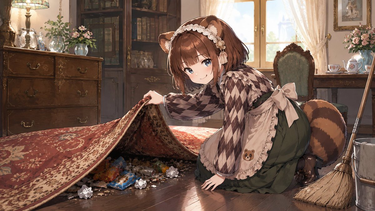 豪華なドレスを着たたぬきちゃんが、虫眼鏡を持って困惑しながらPC画面を覗き込んでいるアニメ調のイラスト（16:9） * Negative Prompt: (w…