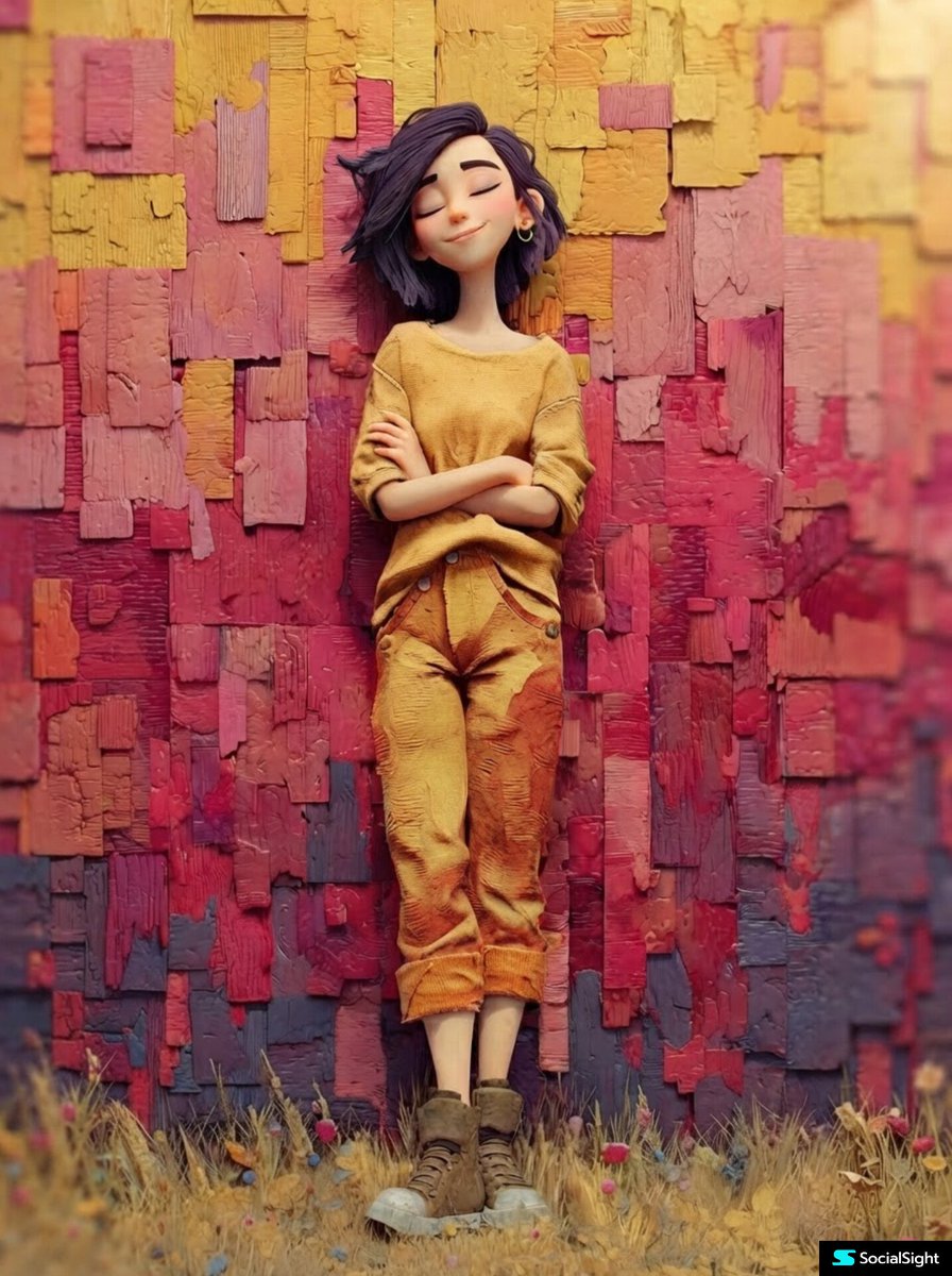 1.. 一位风格化的 3D 动画年轻女性，倚靠在一面由分层开裂漆面面板构成的纹理抽象墙前，墙面色调为温暖的渐变色——黄色、珊瑚色、粉色、红色与柔和的紫色。 她留着微乱的短波浪深色…