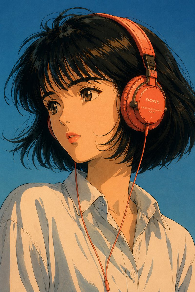 创作一幅超精细的复古日式动漫肖像，灵感源自经典的1980年代赛璐璐动画与城市流行（city-pop）美学。描绘一位年轻女性：瓷白肌肤，富有表现力的暖棕色动漫眼…