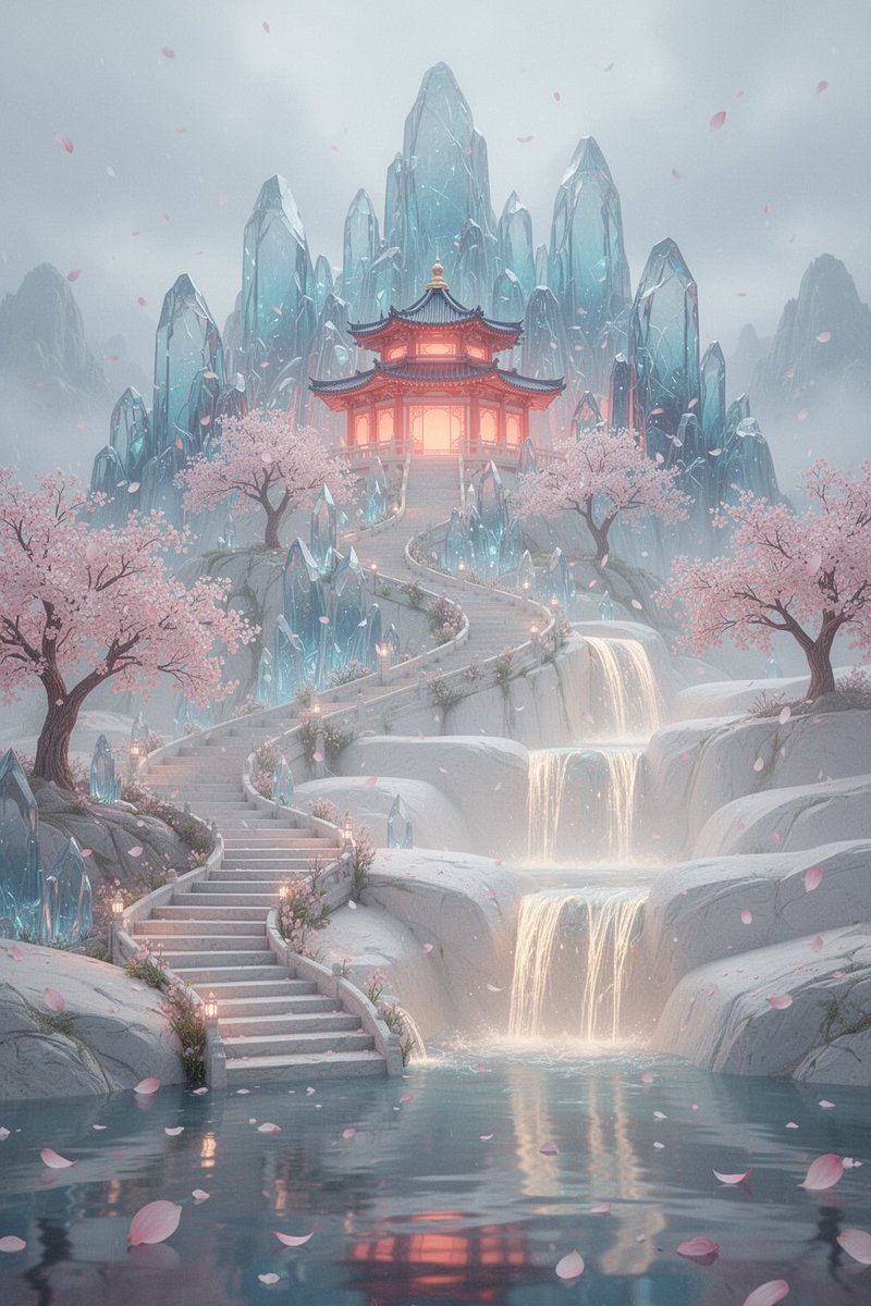 梦幻柔和粉彩的奇幻风景，竖构图。一座散发着光芒的东亚宝塔式庙宇，窗户透出温暖的珊瑚色灯光，半腰坐落于一片高耸的冰蓝色水晶山峰之间。柔和的粉色盛开樱花树沿着蜿蜒的石阶排列，石阶从前…