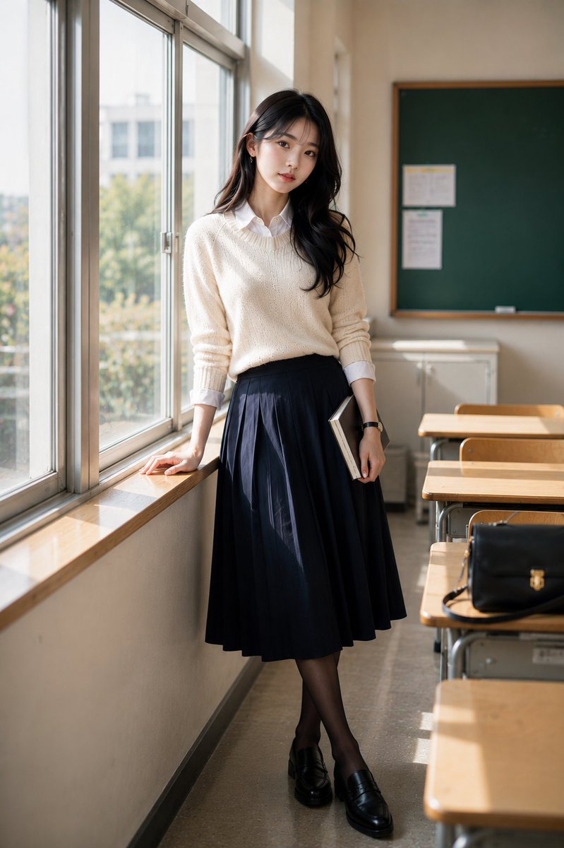 在一组高级时尚时尚大片拍摄中，一位惊艳的年轻韩国女性自信地站在明亮空旷的现代化教室内。教室里摆放着整齐排列的木质课桌椅，一块大型绿色黑板，高大的洒满阳光的窗户，干净的白墙，光洁地…
