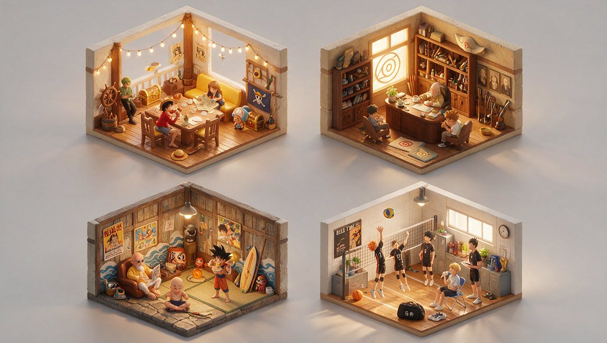 2×2网格,对4部著名漫画执行以下操作:RENDER_CHAIN = "[$INPUT_TOPIC :: iconic_interior :: isometric_cutaway…