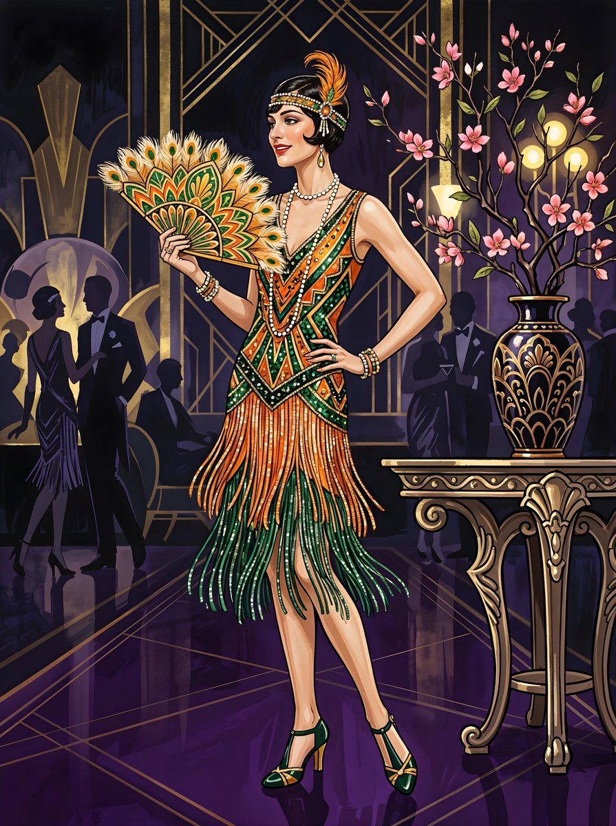 一幅全身插画，描绘了一位穿着鲜艳橙色和绿色 flapper 连衣裙的女士，手持一把装饰扇。她站在一张桌子旁，桌子上有一个花瓶和一根开花的枝条。背景为深色，地面是紫色的。风格让人联…