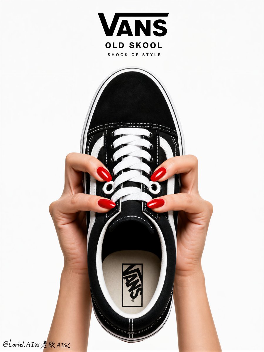 卡通脸，绘制的面部特征，伪造的 Vans 标志，不正确的 Old Skool 鞋型，扭曲的鞋子比例，多余的鞋子，杂乱的背景，堆满的道具，变形的手指，多余的手指，糟糕的人体结构，廉…