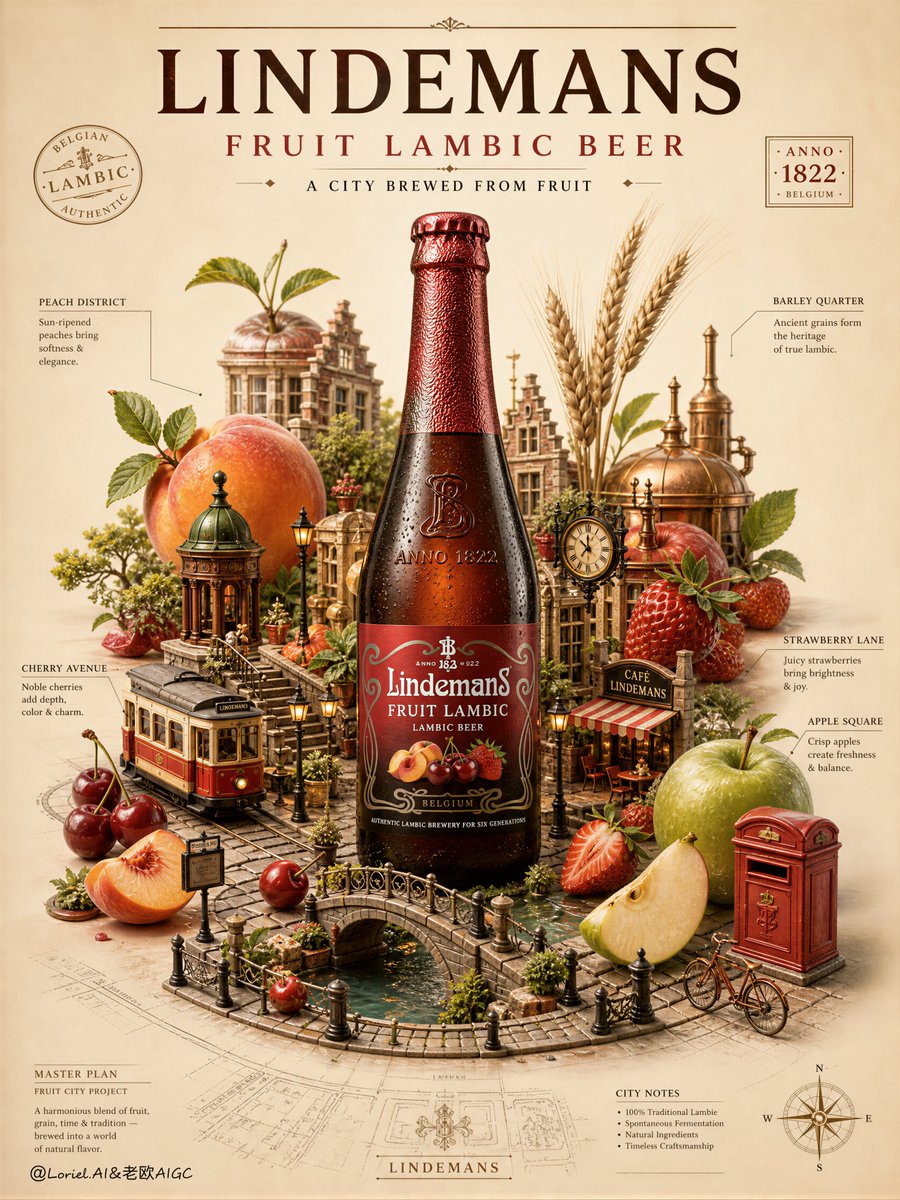 卡通啤酒广告，瓶子形状造假，林德曼（Lindemans）品牌标识错误，水果飞溅凌乱，配料随意点缀，构图杂乱拥挤，水果细节不足，食材看起来像塑料，插图幼稚化，道具混乱，阴影浑浊发闷…