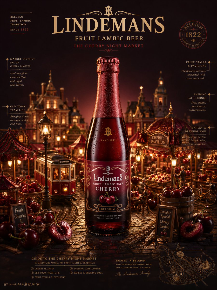 卡通啤酒广告，瓶子形状造假，林德曼（Lindemans）品牌标识错误，水果飞溅凌乱，配料随意点缀，构图杂乱拥挤，水果细节不足，食材看起来像塑料，插图幼稚化，道具混乱，阴影浑浊发闷…