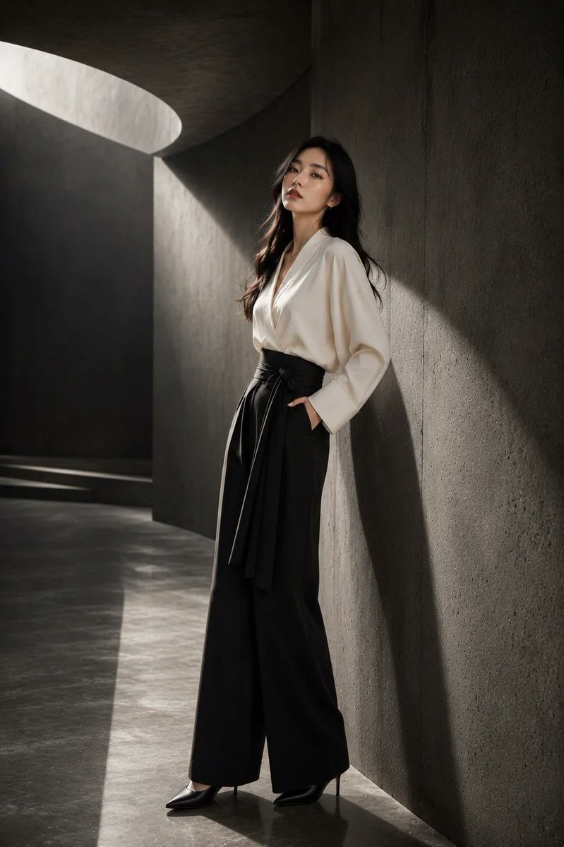 一位令人惊艳的年轻日本女性，在高端时尚摄影工作室中拍摄，优雅地伫立在一间当代建筑风格的工作室内，工作室以大型弧形混凝土墙、带有纹理的炭灰色表面以及柔和的几何阴影设计而成。她身穿一…