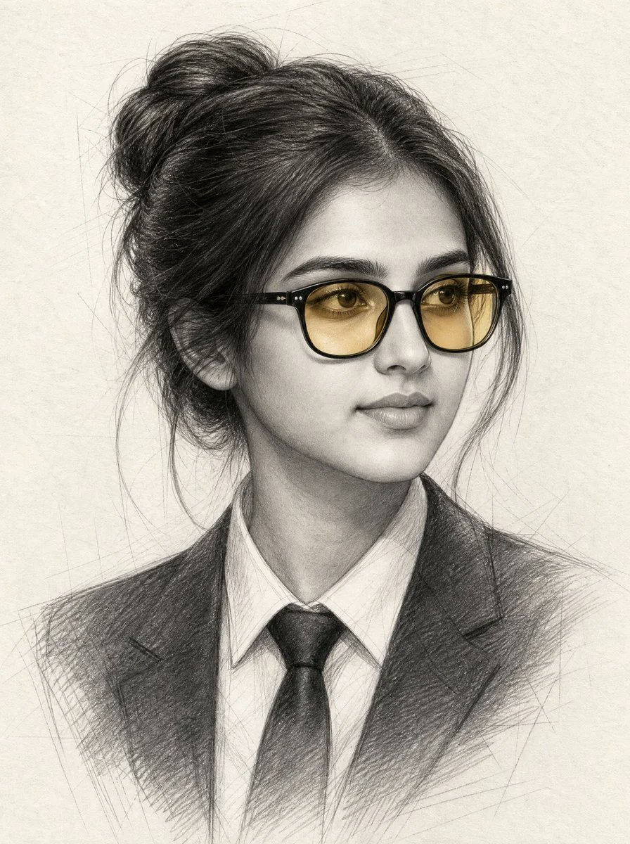 超写实石墨铅笔素描肖像，画中是一位美丽的南亚女性，肤色白皙，琥珀棕色的双眸藏于黑色醋酸纤维眼镜之后，镜片泛着温暖的琥珀色调，优雅随性的发髻，在米色画纸上以细腻的交叉排线绘制而成…