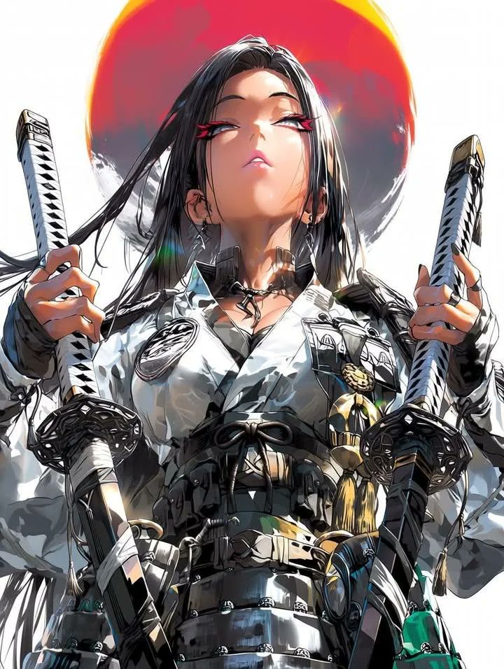 杰作、最佳画质、超精细动漫插画，凶猛的女武士战士，低角度英雄肖像，居中构图，锐利红色眼线勾勒的明亮有神眼睛，皮肤苍白，长白发或黑发，发丝飘逸且配有华丽发饰，身着高度精细的未来风格…